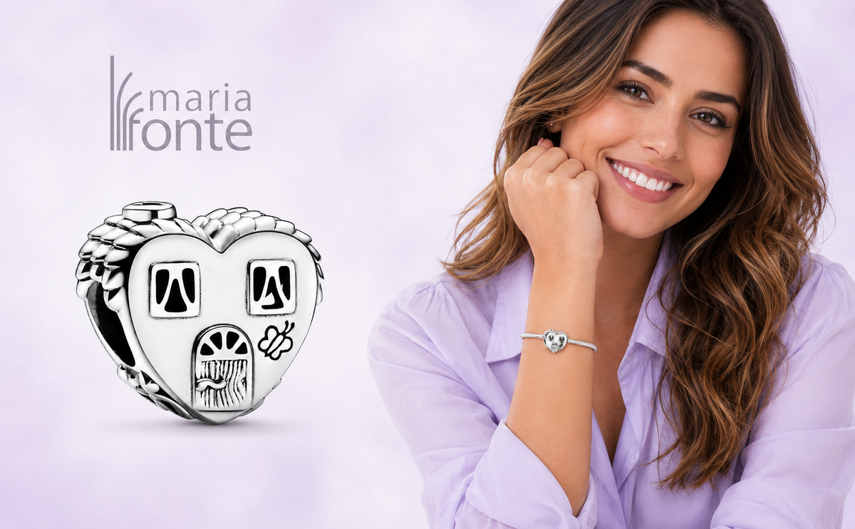 Maria Fonte Bead Charm Casetta Cuore Happy Place Home Famiglia Argento 925 Compatibile con Collane e Bracciali Pandora
