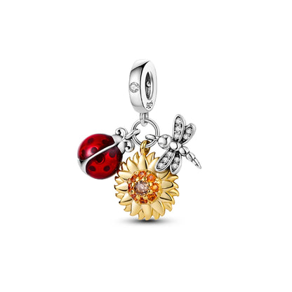 MariaFonte Charm Ciondolo Pendente Portafortuna Coccinella Sole Libellula Argento 925 Compatibile con Collane e Bracciali Pandora