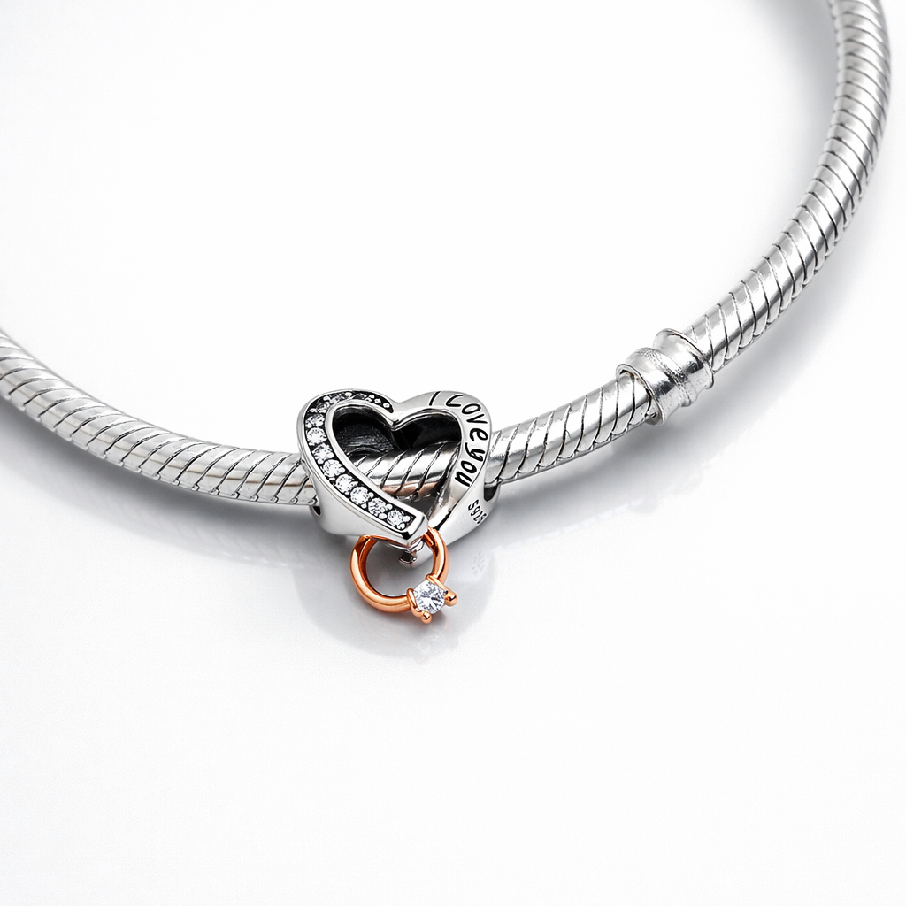 Maria Fonte Bead Charm Cuore 'I love you' con Anello Rosa Zirconia Compatibile con Collane e Bracciali Pandora