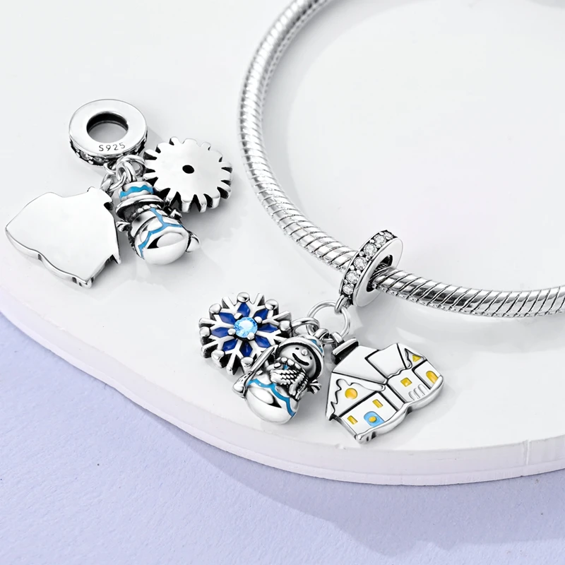 MariaFonte Charm Neve Pupazzo di Neve Casa Portafortuna Argento 925 Zirconia Compatibile con Collane e Bracciali Pandora