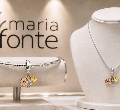 MariaFonte Charm Ciondolo Portafortuna Coccinella Quadrifoglio Ferro di Cavallo Argento 925 Zirconia Compatibile con Collane e Bracciali Pandora