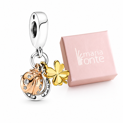 MariaFonte Charm Ciondolo Portafortuna Coccinella Quadrifoglio Ferro di Cavallo Argento 925 Zirconia Compatibile con Collane e Bracciali Pandora