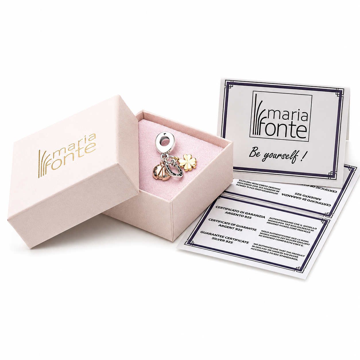 MariaFonte Charm Ciondolo Portafortuna Coccinella Quadrifoglio Ferro di Cavallo Argento 925 Zirconia Compatibile con Collane e Bracciali Pandora