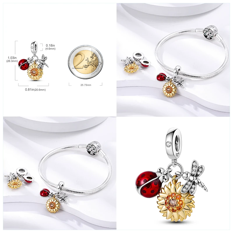 MariaFonte Charm Ciondolo Pendente Portafortuna Coccinella Sole Libellula Argento 925 Compatibile con Collane e Bracciali Pandora