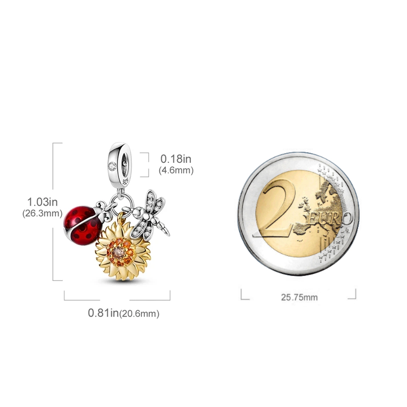 MariaFonte Charm Ciondolo Pendente Portafortuna Coccinella Sole Libellula Argento 925 Compatibile con Collane e Bracciali Pandora