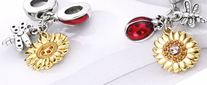 MariaFonte Charm Ciondolo Pendente Portafortuna Coccinella Sole Libellula Argento 925 Compatibile con Collane e Bracciali Pandora