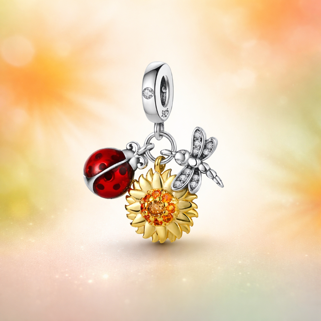 MariaFonte Charm Ciondolo Pendente Portafortuna Coccinella Sole Libellula Argento 925 Compatibile con Collane e Bracciali Pandora