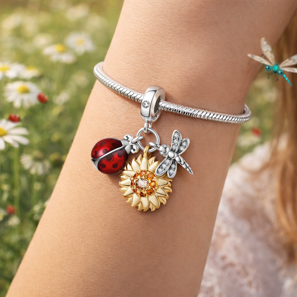 MariaFonte Charm Ciondolo Pendente Portafortuna Coccinella Sole Libellula Argento 925 Compatibile con Collane e Bracciali Pandora