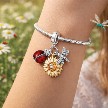 MariaFonte Charm Ciondolo Pendente Portafortuna Coccinella Sole Libellula Argento 925 Compatibile con Collane e Bracciali Pandora