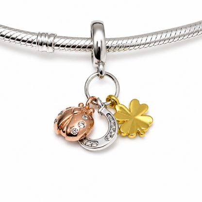 MariaFonte Charm Ciondolo Portafortuna Coccinella Quadrifoglio Ferro di Cavallo Argento 925 Zirconia Compatibile con Collane e Bracciali Pandora
