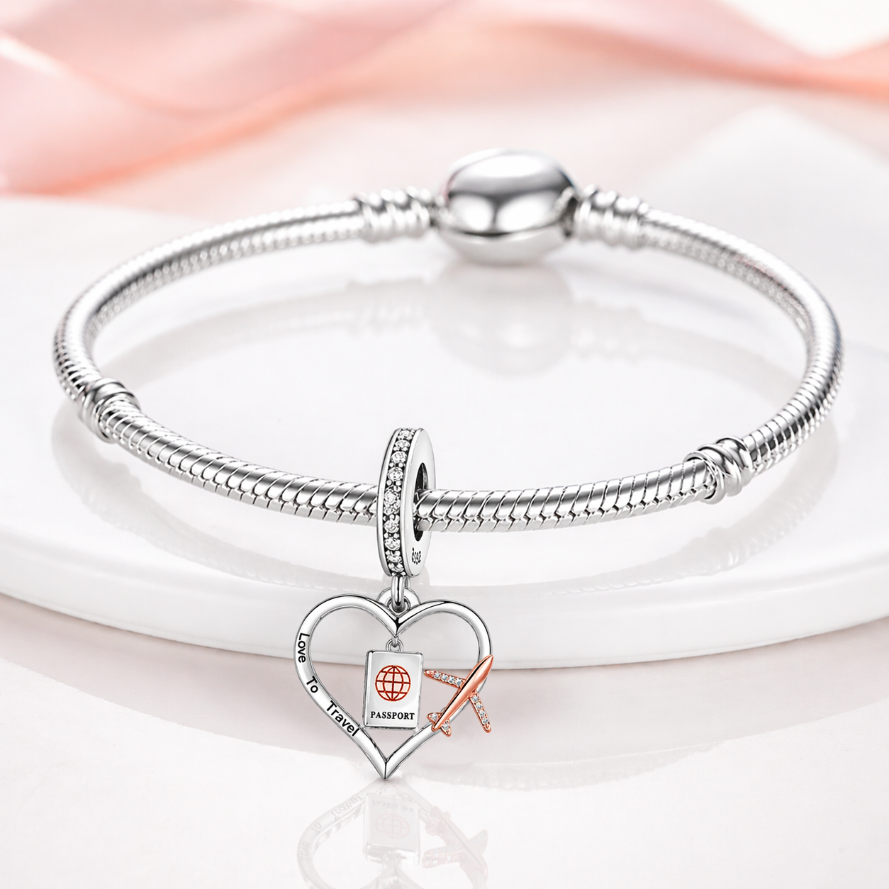 MariaFonte Charm Viaggio Ciondolo Love To Travel in Argento 925 con Zirconia Compatibile con Collane e Bracciali