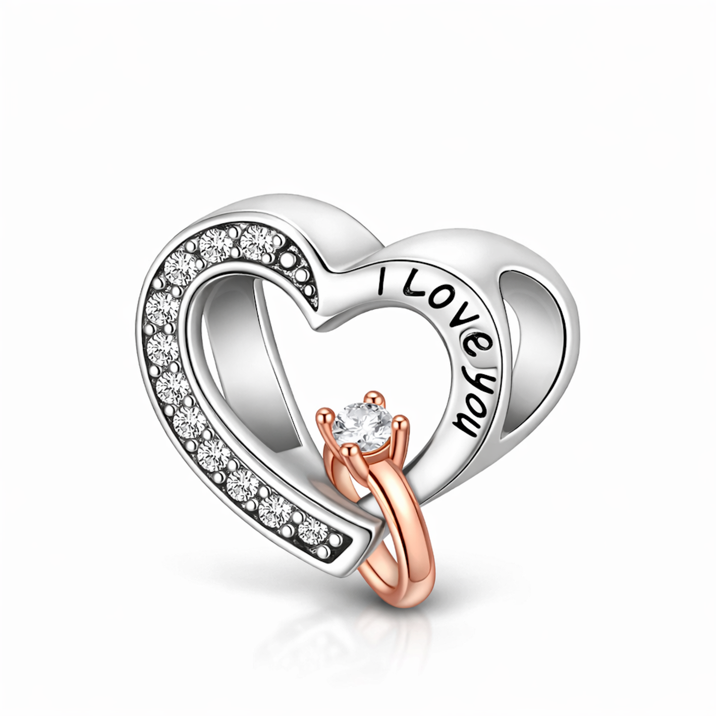 Maria Fonte Bead Charm Cuore 'I love you' con Anello Rosa Zirconia Compatibile con Collane e Bracciali Pandora