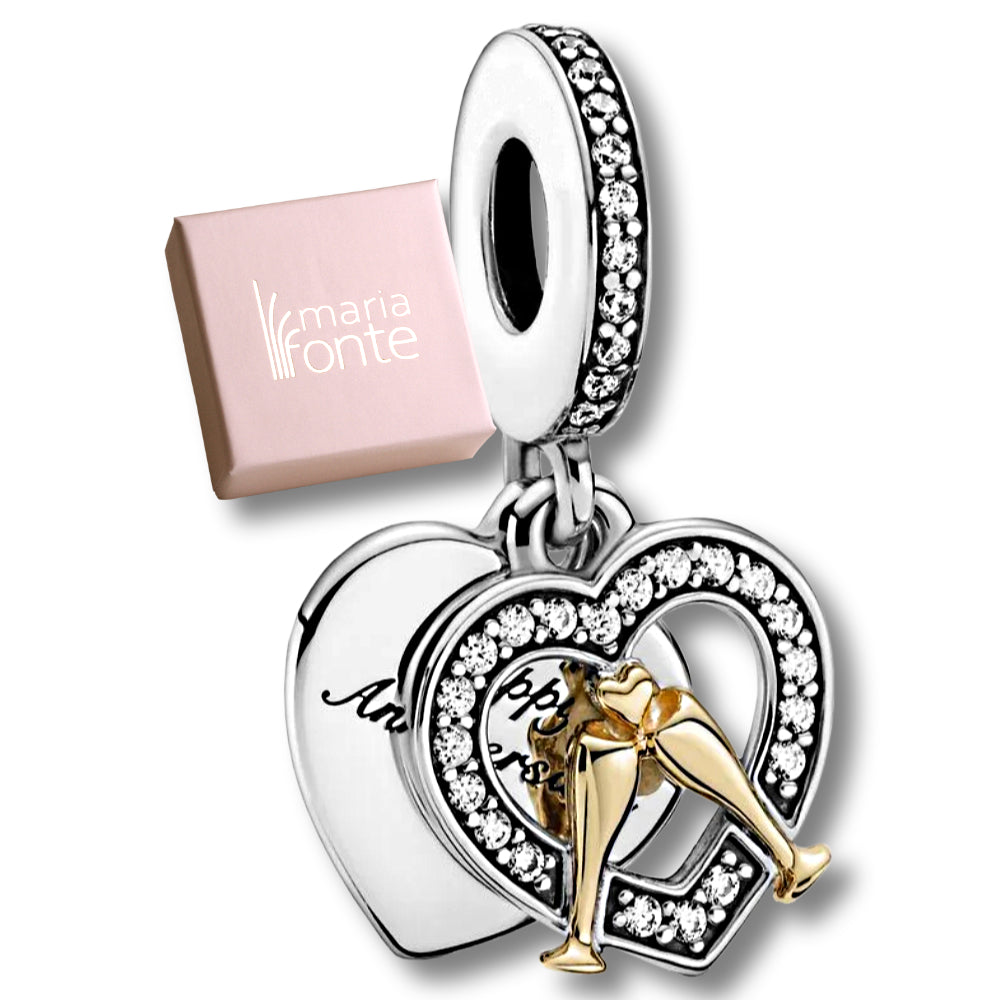 MariaFonte Bead Charm Ciondolo Doppio Cuore Buon Compleanno "Happy Anniversary" in Argento 925 Zirconia Compatibile con Collane e Bracciali Pandora