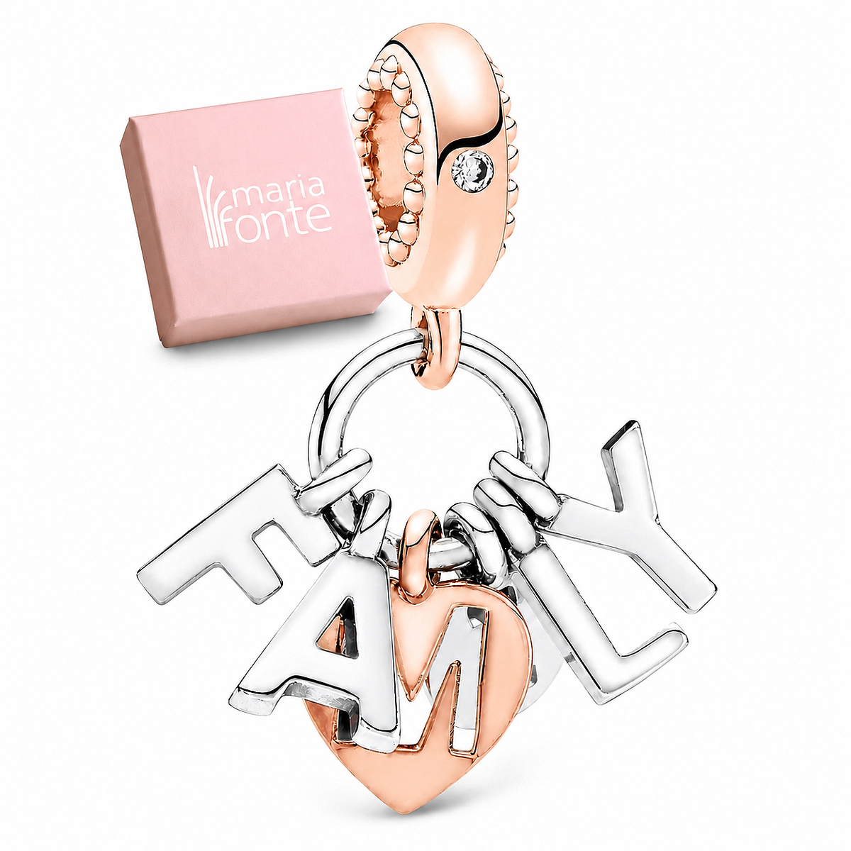 MariaFonte Charm Ciondolo Lettere Pensili Cuore Family Argento 925 Zirconia Compatibile con Collane e Bracciali Pandora