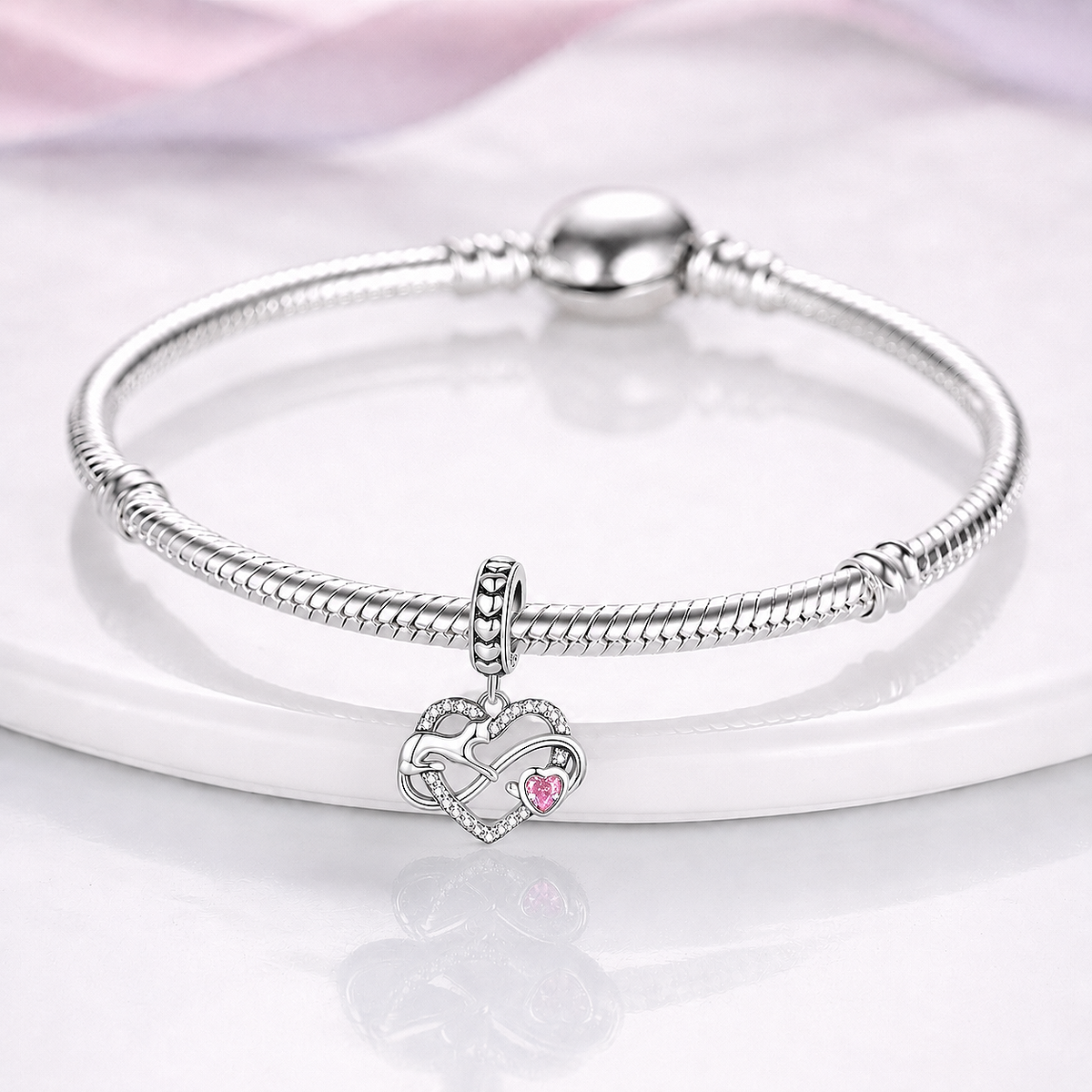 Maria Fonte Bead Charm Ciondolo Cuore Gatto Infinito Cuoricino Rosa in Argento 925 con Zirconia Compatibile con Collane e Bracciali Pandora