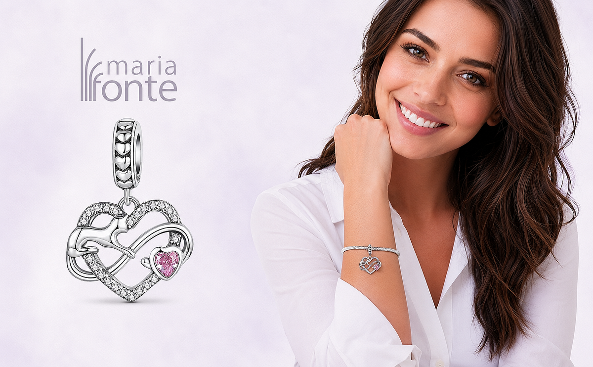 Maria Fonte Bead Charm Ciondolo Cuore Gatto Infinito Cuoricino Rosa in Argento 925 con Zirconia Compatibile con Collane e Bracciali Pandora