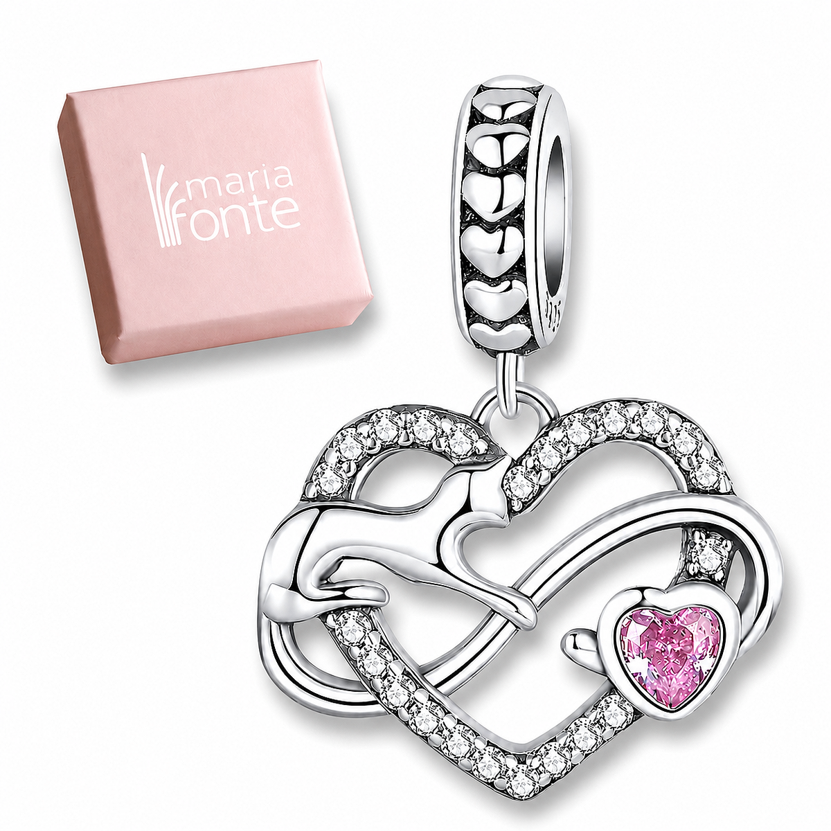 Maria Fonte Bead Charm Ciondolo Cuore Gatto Infinito Cuoricino Rosa in Argento 925 con Zirconia Compatibile con Collane e Bracciali Pandora