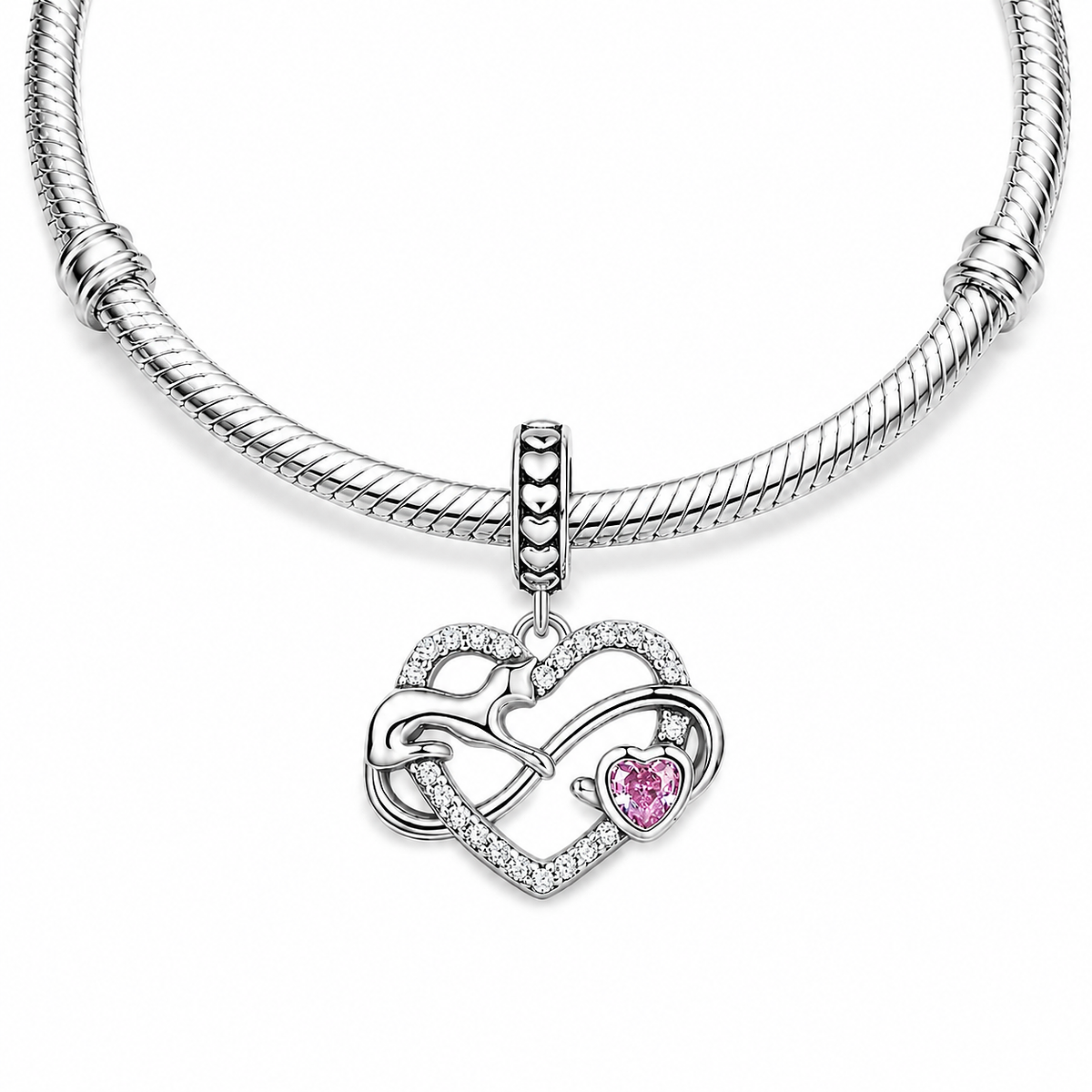 Maria Fonte Bead Charm Ciondolo Cuore Gatto Infinito Cuoricino Rosa in Argento 925 con Zirconia Compatibile con Collane e Bracciali Pandora