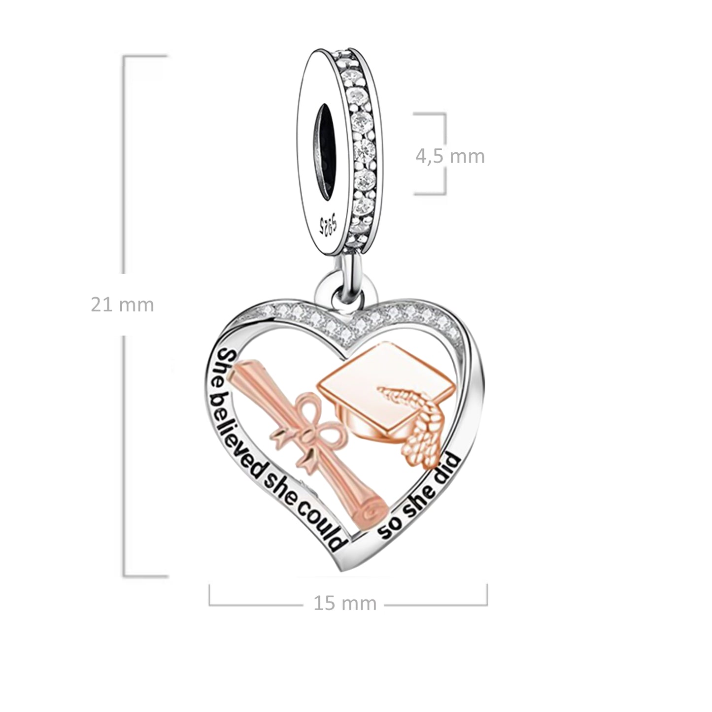 MariaFonte Charm Cuore Laurea Diploma Pergamena Cappello Portafortuna Argento 925 Zirconia Compatibile con Collane e Bracciali Pandora