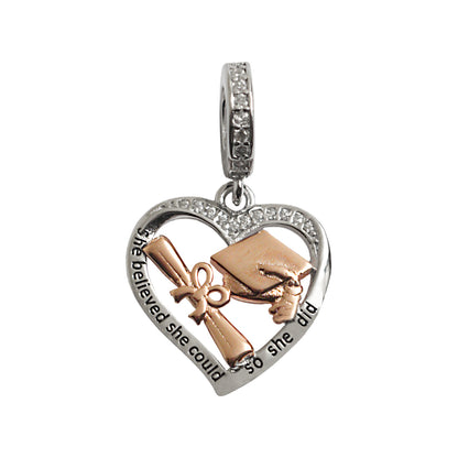 MariaFonte Charm Cuore Laurea Diploma Pergamena Cappello Portafortuna Argento 925 Zirconia Compatibile con Collane e Bracciali Pandora