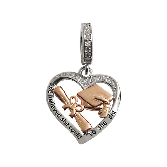 MariaFonte Charm Cuore Laurea Diploma Pergamena Cappello Portafortuna Argento 925 Zirconia Compatibile con Collane e Bracciali Pandora