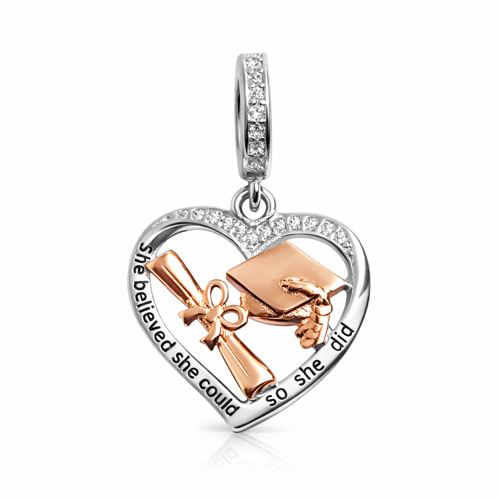 MariaFonte Charm Cuore Laurea Diploma Pergamena Cappello Portafortuna Argento 925 Zirconia Compatibile con Collane e Bracciali Pandora