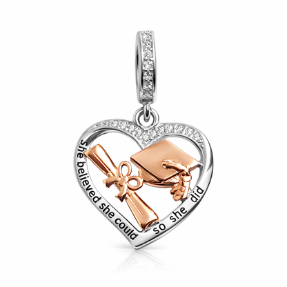 MariaFonte Charm Cuore Laurea Diploma Pergamena Cappello Portafortuna Argento 925 Zirconia Compatibile con Collane e Bracciali Pandora