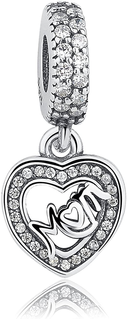 Maria Fonte Bead Charm Ciondolo a Forma di Cuore con iscrizione 'Mom' in Argento 925 Compatibile con Collane e Bracciali Pandora