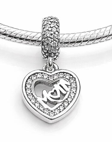 Maria Fonte Bead Charm Ciondolo a Forma di Cuore con iscrizione 'Mom' in Argento 925 Compatibile con Collane e Bracciali Pandora