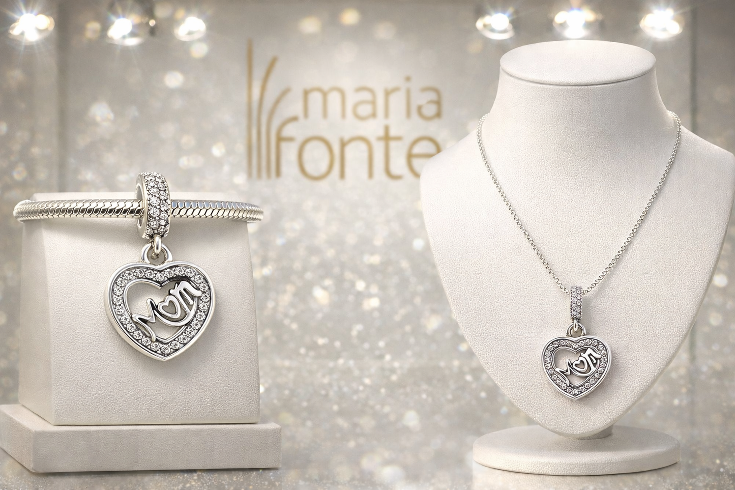 Maria Fonte Bead Charm Ciondolo a Forma di Cuore con iscrizione 'Mom' in Argento 925 Compatibile con Collane e Bracciali Pandora