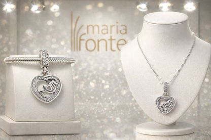 Maria Fonte Bead Charm Ciondolo a Forma di Cuore con iscrizione 'Mom' in Argento 925 Compatibile con Collane e Bracciali Pandora