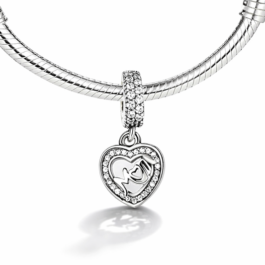 Maria Fonte Bead Charm Ciondolo a Forma di Cuore con iscrizione 'Mom' in Argento 925 Compatibile con Collane e Bracciali Pandora