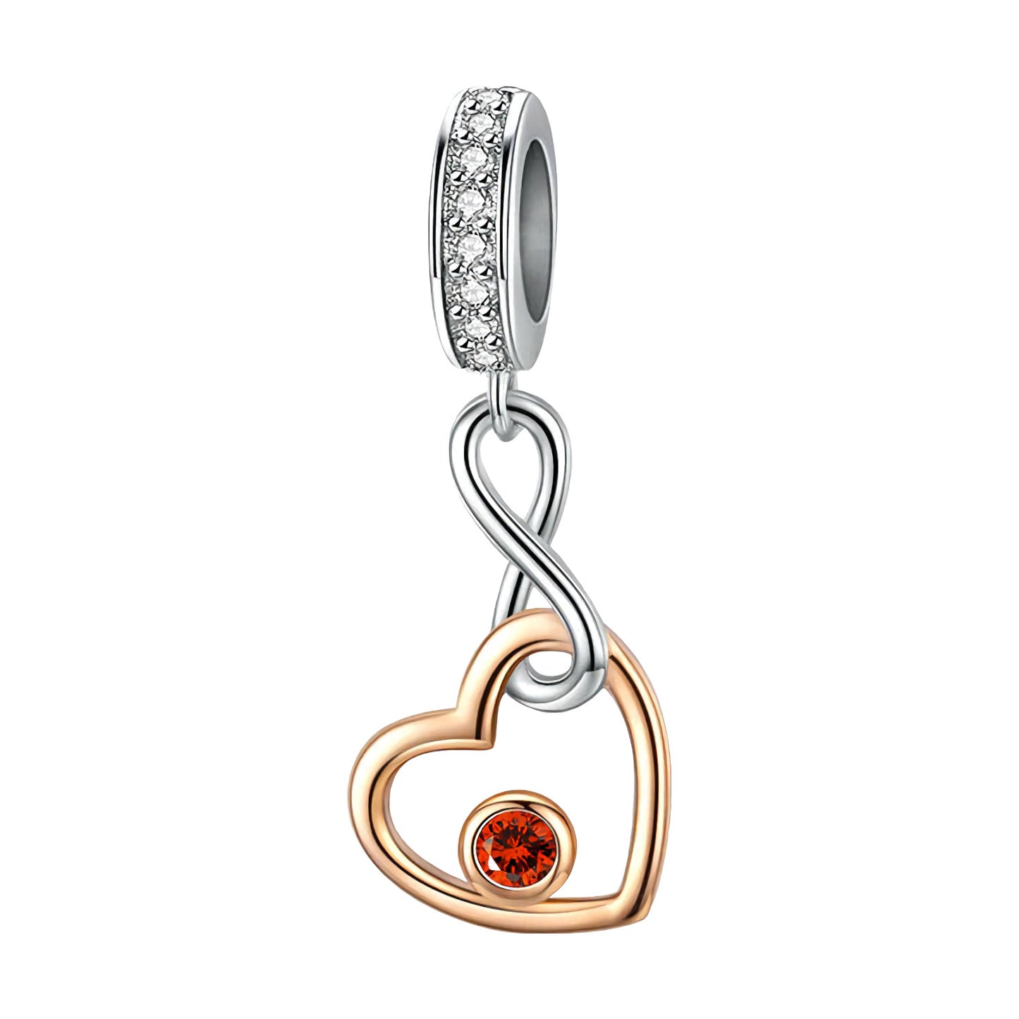 Maria Fonte Charm Cuore Rosa Corallo Rosso Infinito Argento 925 Zirconia Compatibile con Collane e Bracciali Pandora