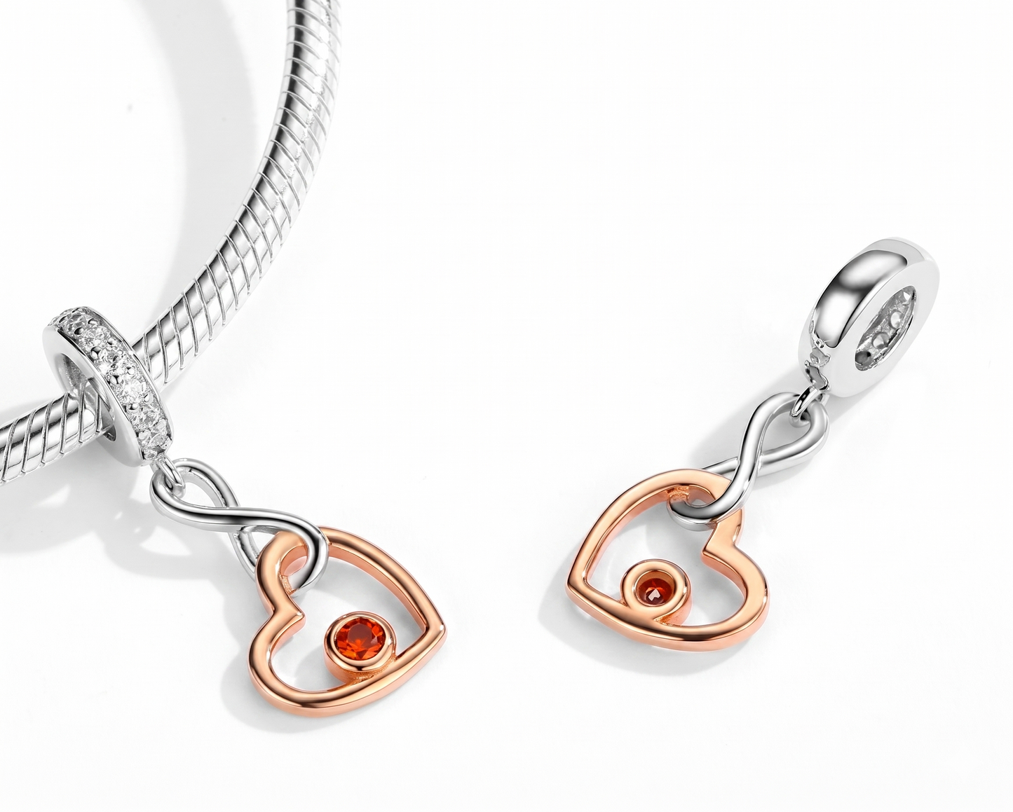 Maria Fonte Charm Cuore Rosa Corallo Rosso Infinito Argento 925 Zirconia Compatibile con Collane e Bracciali Pandora