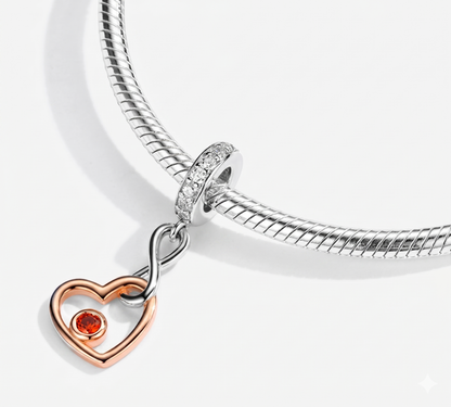 Maria Fonte Charm Cuore Rosa Corallo Rosso Infinito Argento 925 Zirconia Compatibile con Collane e Bracciali Pandora