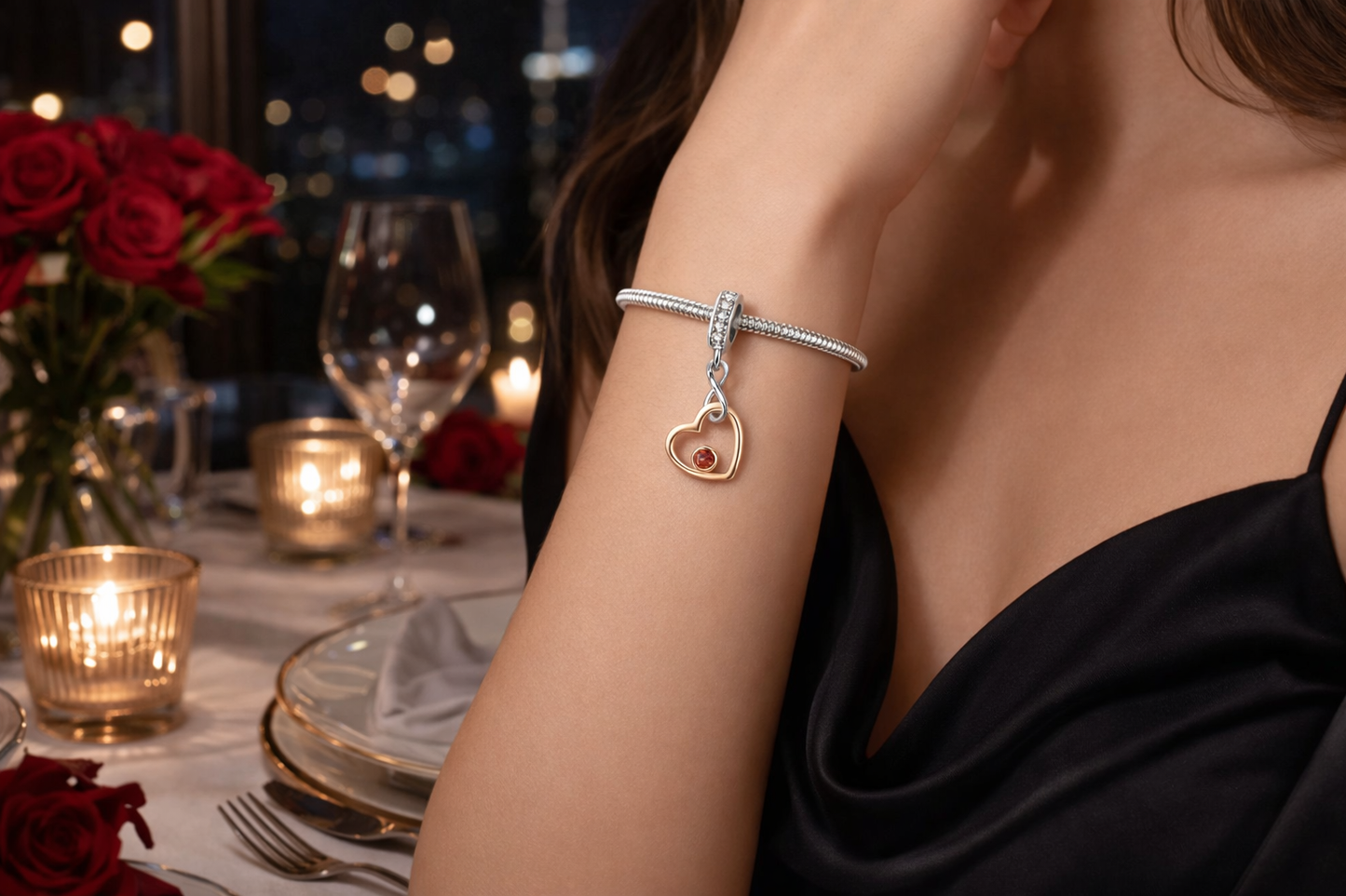 Maria Fonte Charm Cuore Rosa Corallo Rosso Infinito Argento 925 Zirconia Compatibile con Collane e Bracciali Pandora