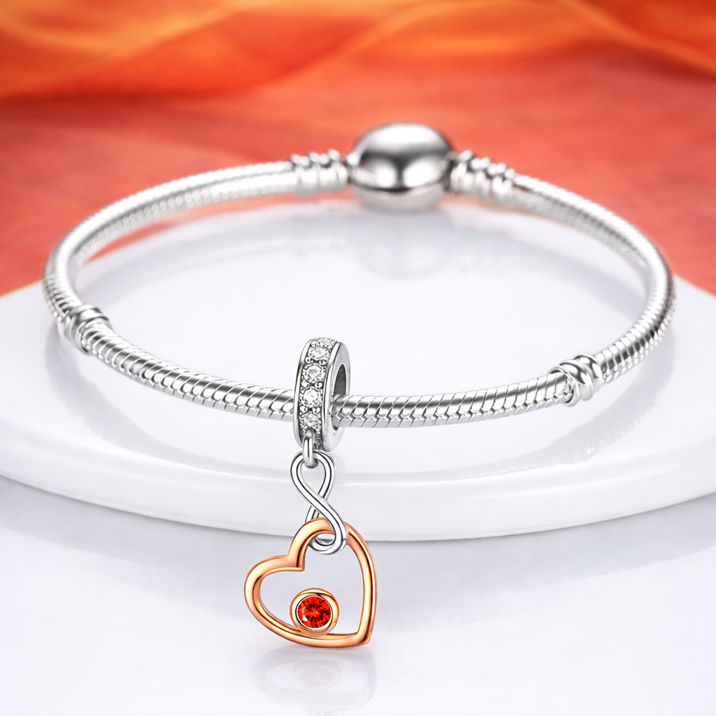 Maria Fonte Charm Cuore Rosa Corallo Rosso Infinito Argento 925 Zirconia Compatibile con Collane e Bracciali Pandora