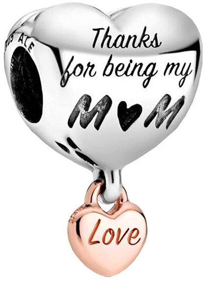 MariaFonte Bead Charm Cuore Thanks for being my Mom (grazie per essere la mia mamma) Argento 925 Compatibile con Collane e Bracciali Pandora