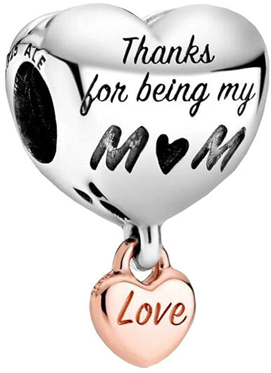 MariaFonte Bead Charm Cuore Thanks for being my Mom (grazie per essere la mia mamma) Argento 925 Compatibile con Collane e Bracciali Pandora