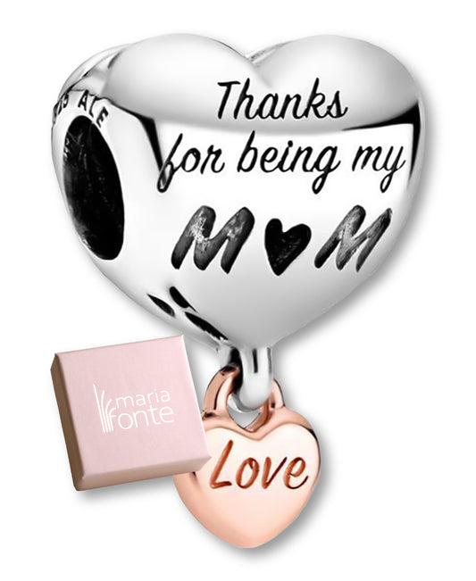 MariaFonte Bead Charm Cuore Thanks for being my Mom (grazie per essere la mia mamma) Argento 925 Compatibile con Collane e Bracciali Pandora