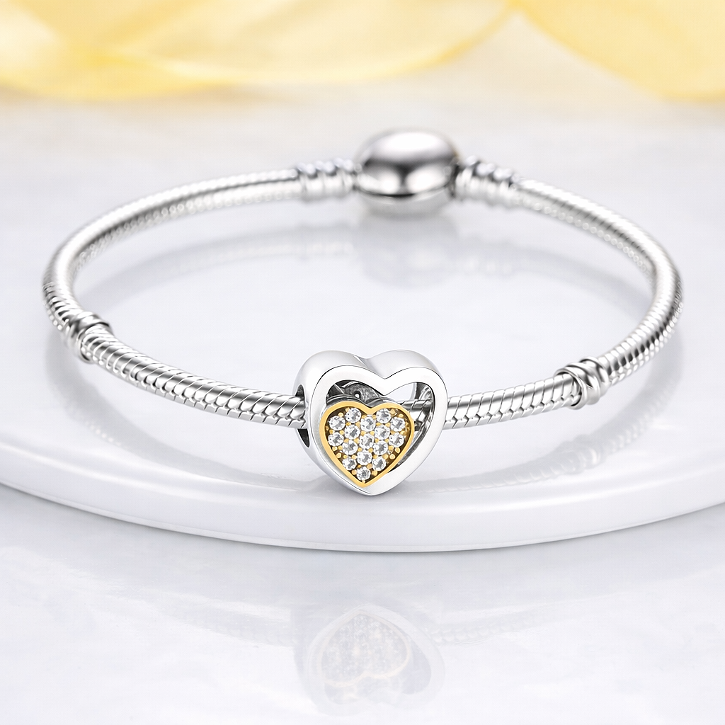 MariaFonte Bead Charm Cuore Zirconi con Cuore Dorato in Argento 925 Compatibile con Collane e Bracciali