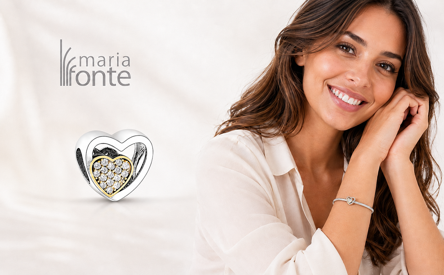 MariaFonte Bead Charm Cuore Zirconi con Cuore Dorato in Argento 925 Compatibile con Collane e Bracciali