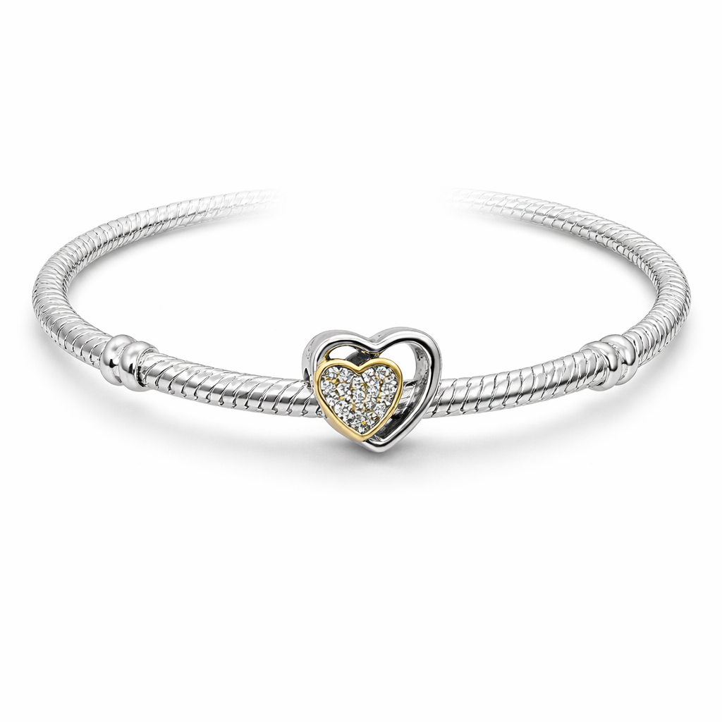 MariaFonte Bead Charm Cuore Zirconi con Cuore Dorato in Argento 925 Compatibile con Collane e Bracciali