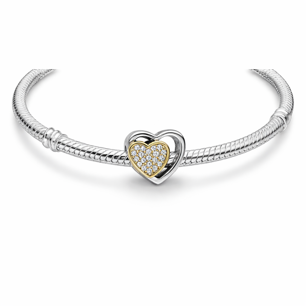 MariaFonte Bead Charm Cuore Zirconi con Cuore Dorato in Argento 925 Compatibile con Collane e Bracciali