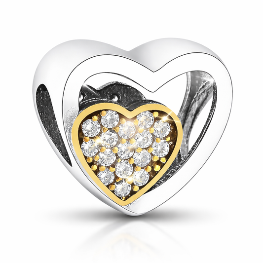 MariaFonte Bead Charm Cuore Zirconi con Cuore Dorato in Argento 925 Compatibile con Collane e Bracciali
