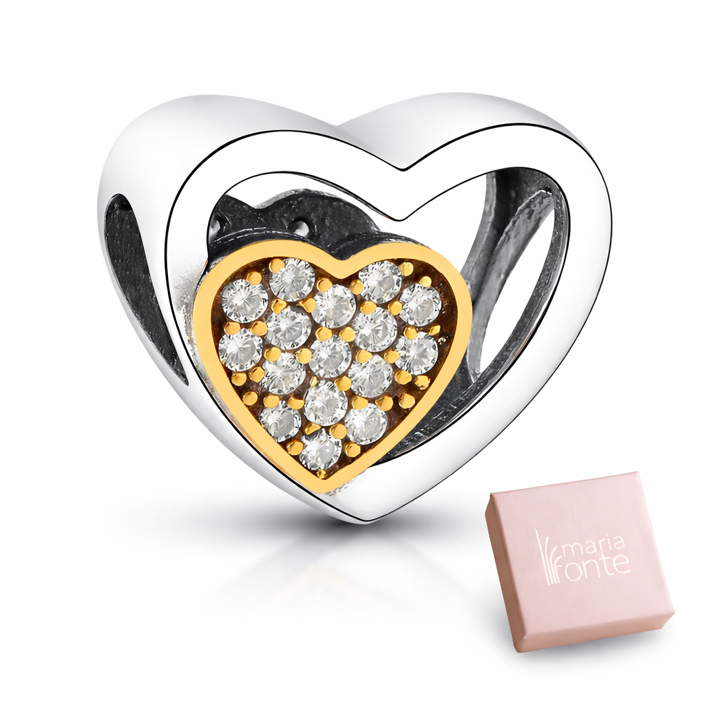 MariaFonte Bead Charm Cuore Zirconi con Cuore Dorato in Argento 925 Compatibile con Collane e Bracciali