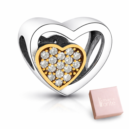 MariaFonte Bead Charm Cuore Zirconi con Cuore Dorato in Argento 925 Compatibile con Collane e Bracciali