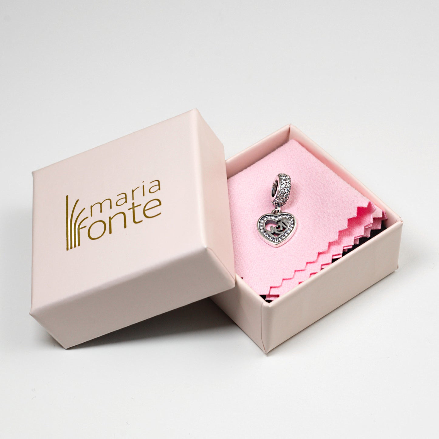 Maria Fonte Bead Charm Ciondolo a Forma di Cuore con iscrizione 'Mom' in Argento 925 Compatibile con Collane e Bracciali Pandora