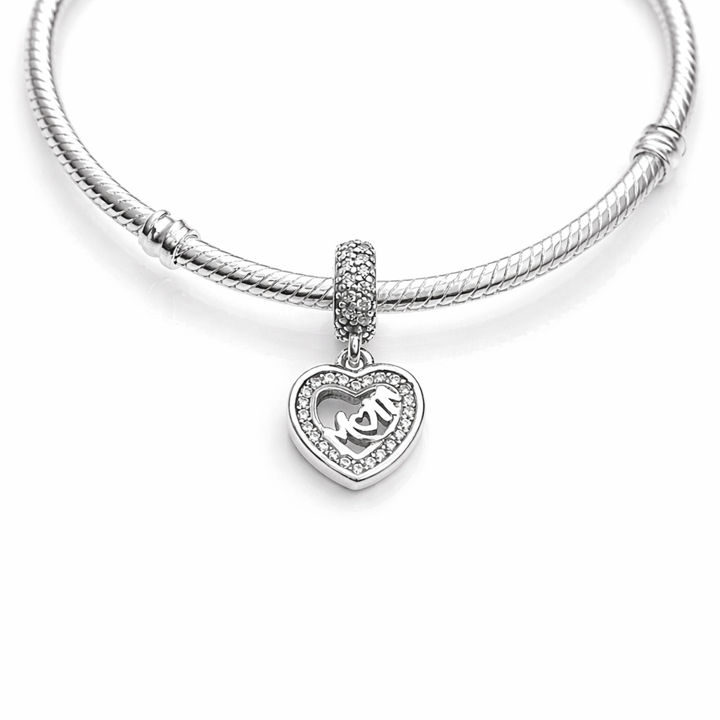 Maria Fonte Bead Charm Ciondolo a Forma di Cuore con iscrizione 'Mom' in Argento 925 Compatibile con Collane e Bracciali Pandora