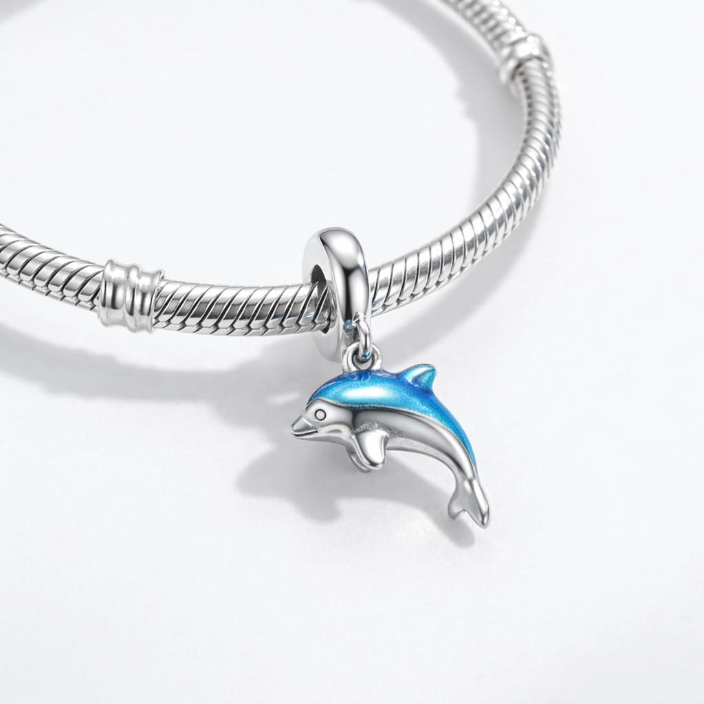 Maria Fonte Bead Charm Ciondolo Delfino Azzurro in Argento 925 Compatibile con Collane e Bracciali Pandora